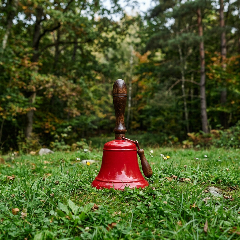 Red handbell with wooden handle placed on grass surrounded by forest trees